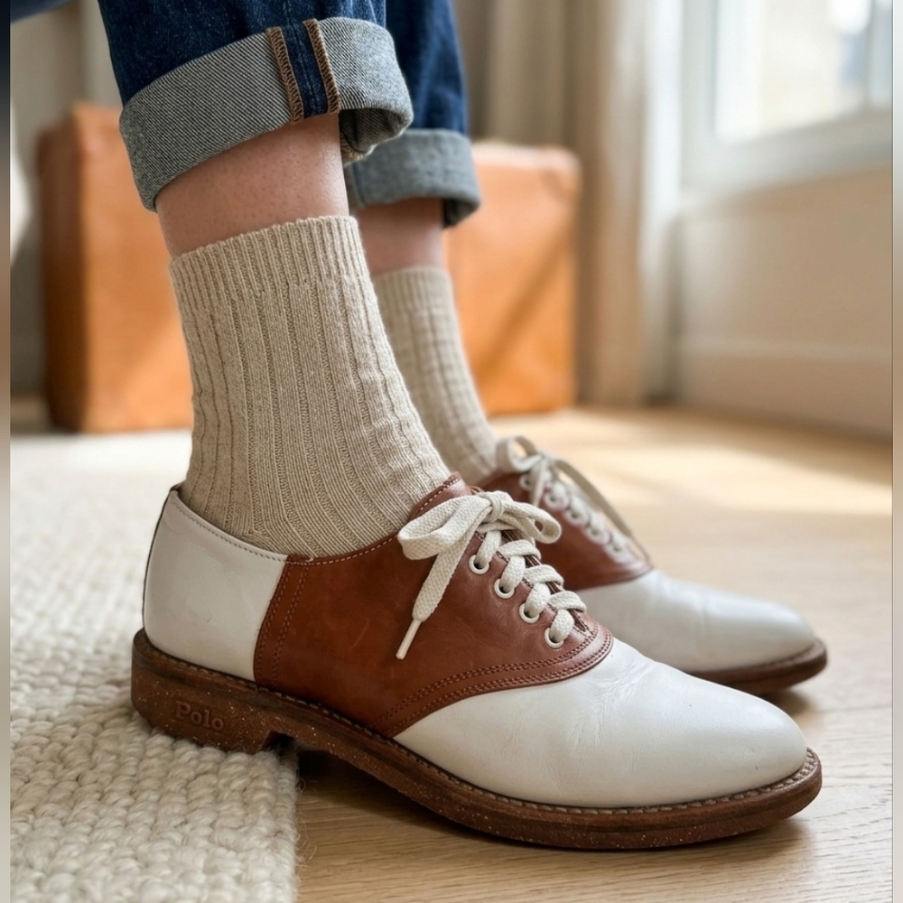 Ralph Lauren Two-Tone White and Brown Saddle Oxfords